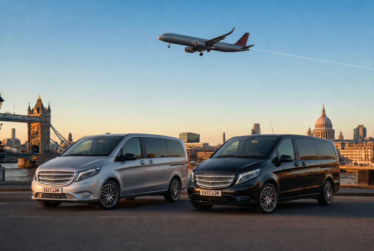 Two silver 8-seater minivans with an airplane flying overhead, ready for East London airport transfers